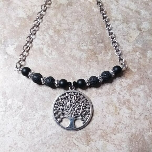 LAST ONE! Beaded "Tree of Life" Medallion - Black + Silver Necklace Choker @ 17" - Picture 3 of 9